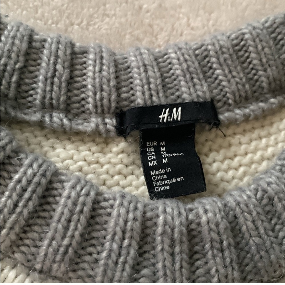 Cabincore Gray H&M Cabin Fair Isle cropped crewneck sweater M Gray Cream Brown - Picture 2 of 7
